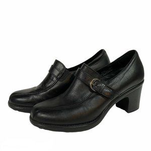 Dansko Women’s Heeled Loafers EU 39 US 8 Black Leather Slip On Buckle Accent
